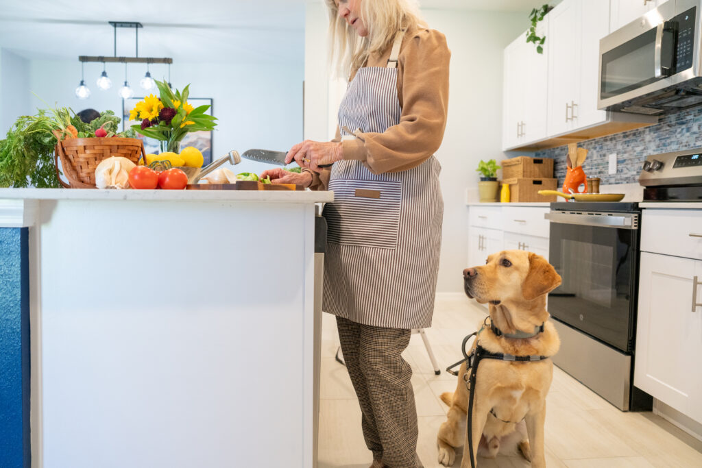 Family practicing the same sit cue with one dog in the kitchen